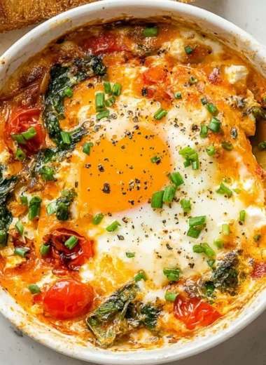 Baked feta eggs with tomatoes and spinach served in a rustic dish
