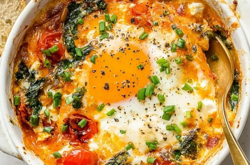 Baked feta eggs with tomatoes and spinach served in a rustic dish