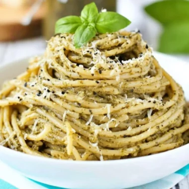 Fresh basil pesto made with basil leaves, garlic, pine nuts, and olive oil