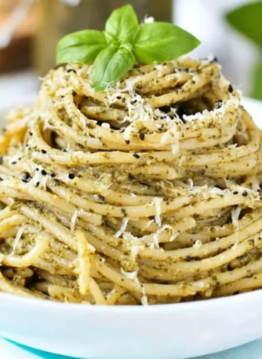 Fresh basil pesto made with basil leaves, garlic, pine nuts, and olive oil