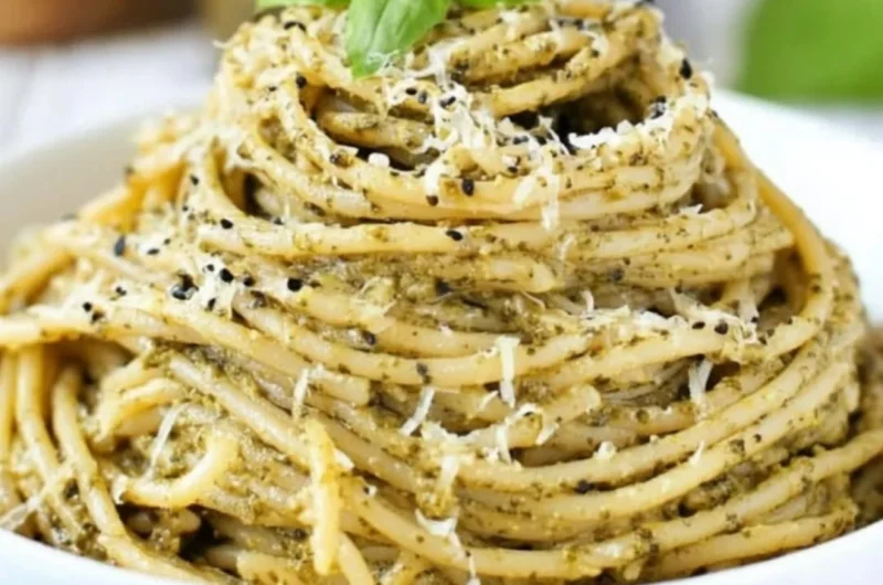 Fresh basil pesto made with basil leaves, garlic, pine nuts, and olive oil