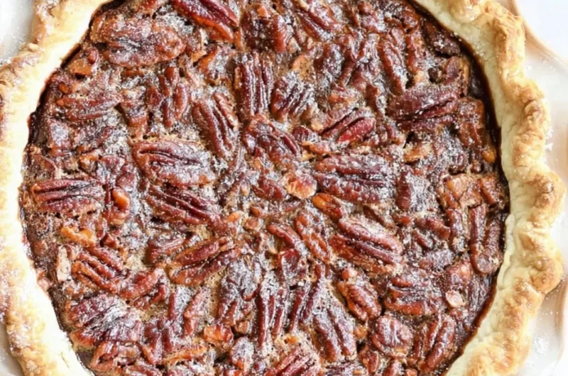 Delicious homemade chocolate pecan pie with a flaky crust and rich filling.