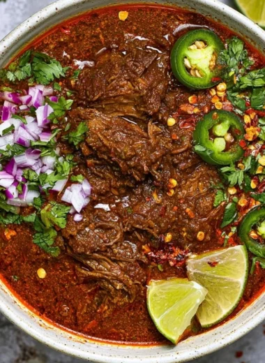 Delicious plate of birria served with tortillas and fresh garnishes