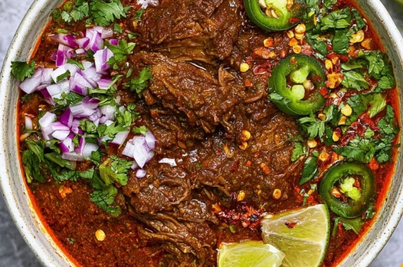 Delicious plate of birria served with tortillas and fresh garnishes