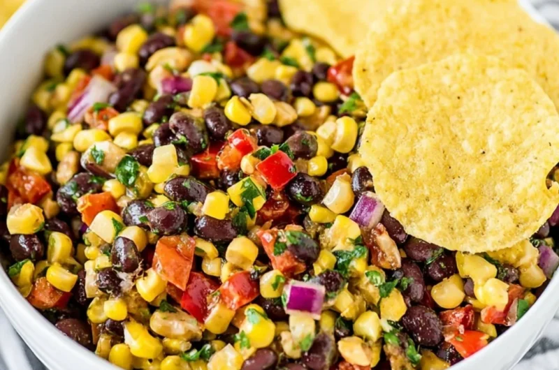 Delicious black bean and corn salsa in a bowl with fresh ingredients