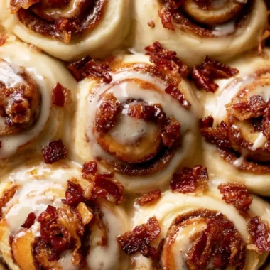 Delicious Bourbon Maple Bacon Cinnamon Rolls topped with creamy glaze