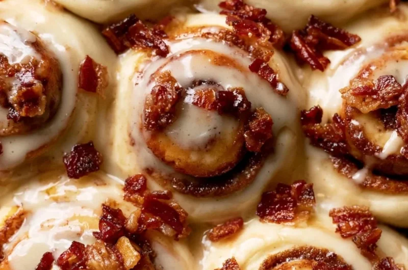 Delicious Bourbon Maple Bacon Cinnamon Rolls topped with creamy glaze