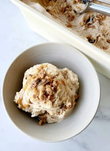 Delicious Butter Brickle Ice Cream with toffee bits in a cone
