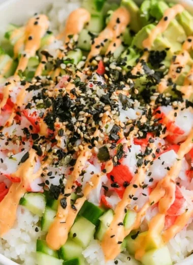 California Roll sushi bowls with fresh ingredients and toppings