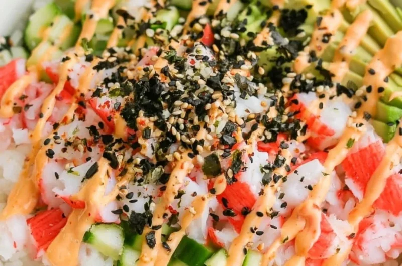 California Roll sushi bowls with fresh ingredients and toppings