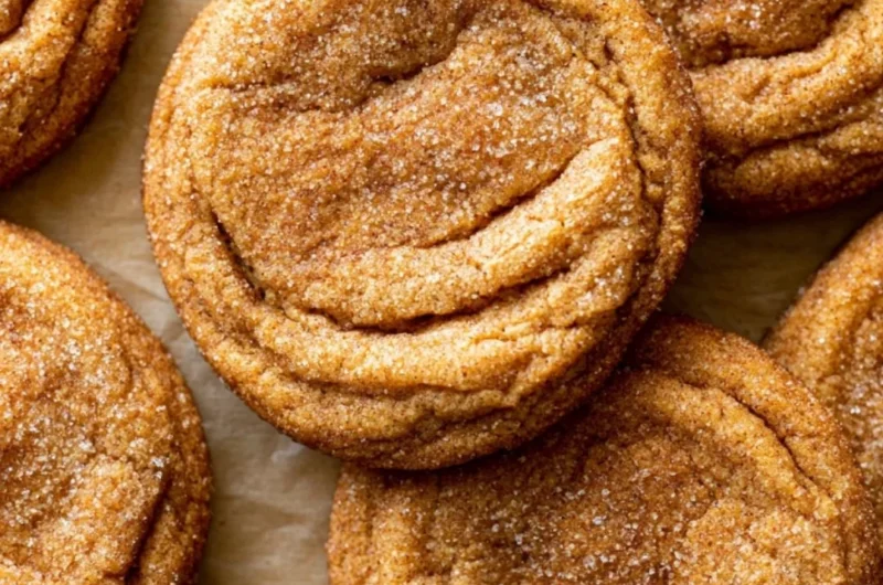 Chewy Pumpkin Snickerdoodle Cookies on a white plate with cinnamon sprinkles