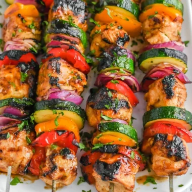 Grilled Chicken Kabobs with colorful vegetables on skewers