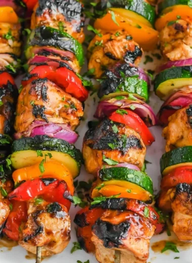 Grilled Chicken Kabobs with colorful vegetables on skewers