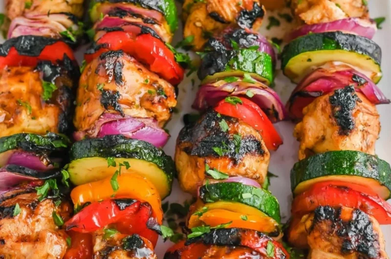 Grilled Chicken Kabobs with colorful vegetables on skewers