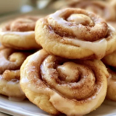 Freshly baked cinnamon roll cookies topped with icing and a sprinkle of cinnamon.