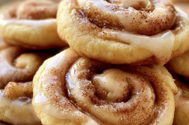 Freshly baked cinnamon roll cookies topped with icing and a sprinkle of cinnamon.