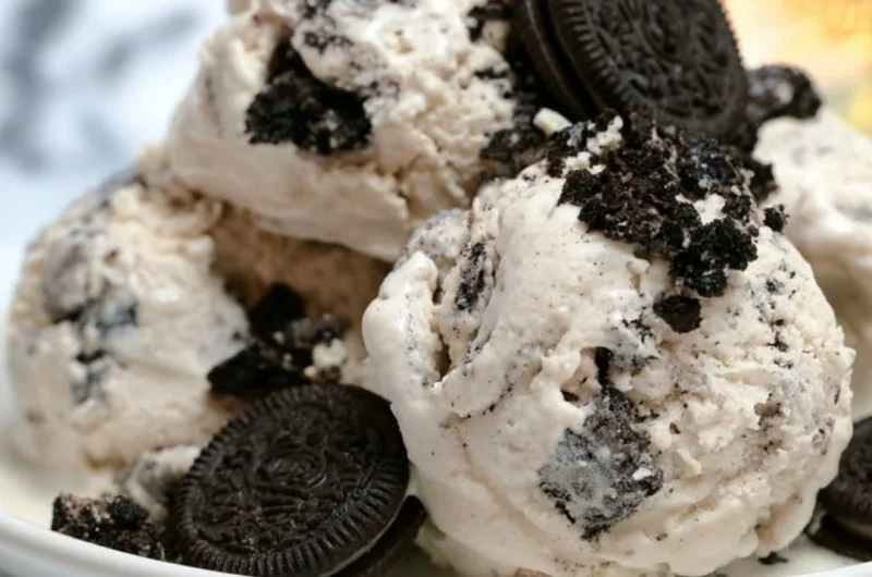 Delicious Cookies and Cream Ice Cream with chocolate cookie chunks.