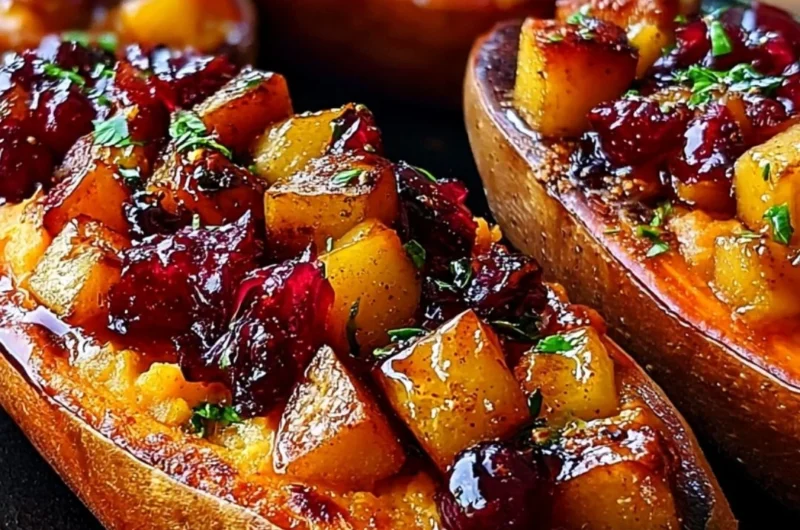 Cranberry apple twice-baked sweet potatoes served warm