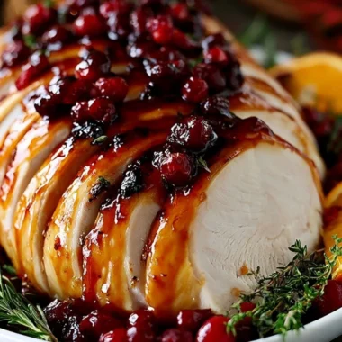 Cranberry Orange Glazed Turkey Breast garnished with fresh cranberries and oranges