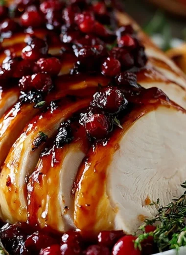 Cranberry Orange Glazed Turkey Breast garnished with fresh cranberries and oranges