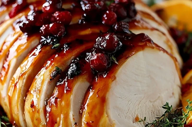 Cranberry Orange Glazed Turkey Breast garnished with fresh cranberries and oranges