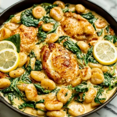 Creamy Lemon Parmesan Chicken Gnocchi served in a bowl with fresh herbs and lemon slices.