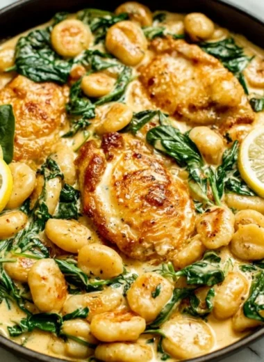Creamy Lemon Parmesan Chicken Gnocchi served in a bowl with fresh herbs and lemon slices.