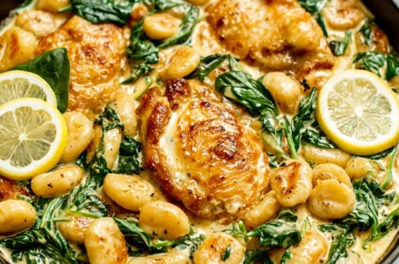 Creamy Lemon Parmesan Chicken Gnocchi served in a bowl with fresh herbs and lemon slices.