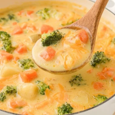 A bowl of creamy vegetable soup garnished with fresh herbs and vegetables.