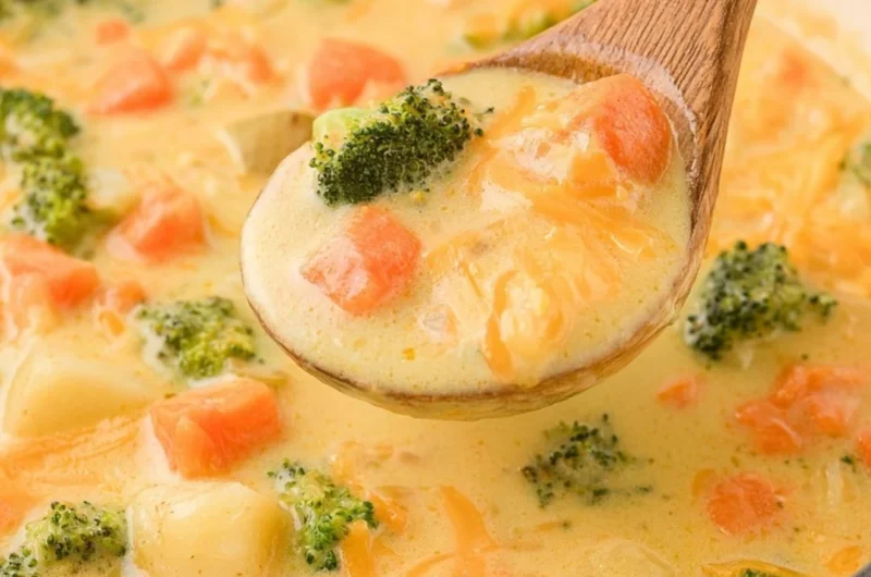 A bowl of creamy vegetable soup garnished with fresh herbs and vegetables.