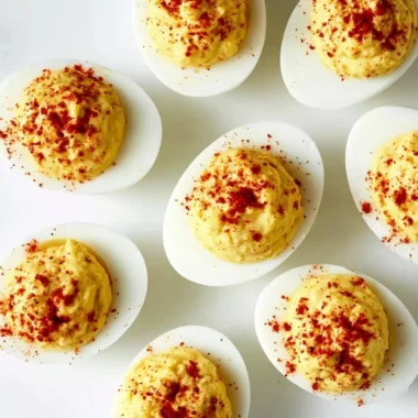 Classic deviled eggs served on a platter, garnished with paprika.