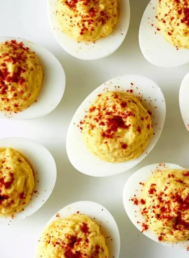 Classic deviled eggs served on a platter, garnished with paprika.