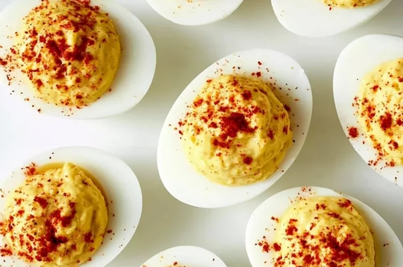 Classic deviled eggs served on a platter, garnished with paprika.