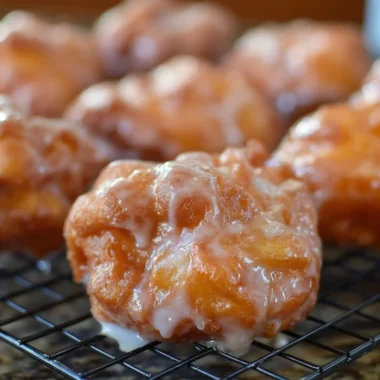 Golden brown easy apple fritters dusted with powdered sugar