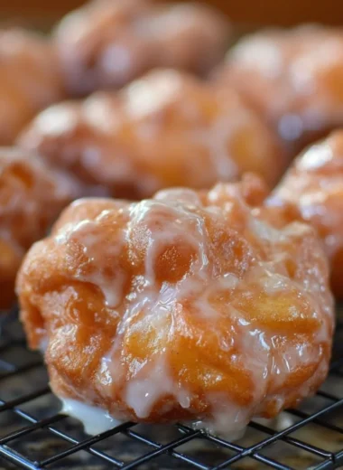 Golden brown easy apple fritters dusted with powdered sugar