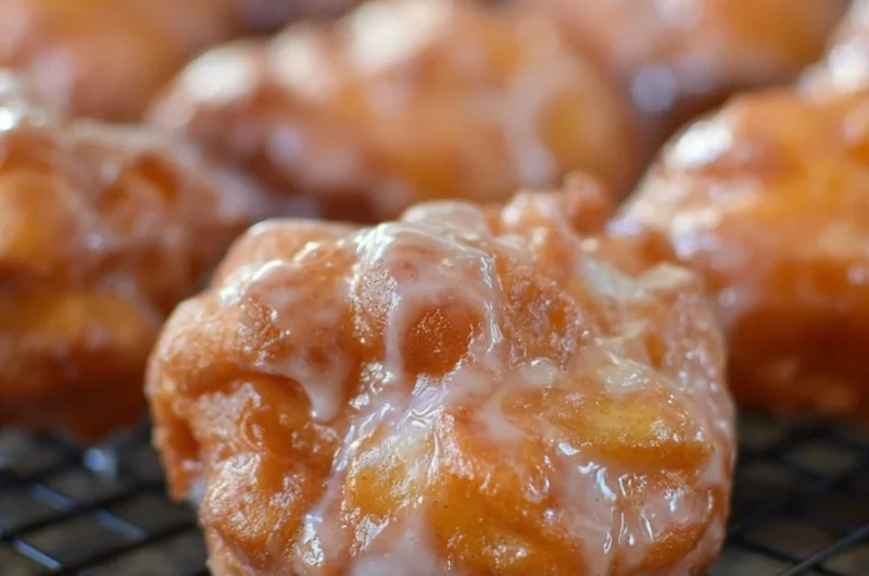 Golden brown easy apple fritters dusted with powdered sugar