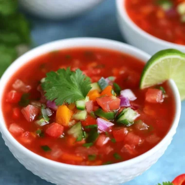 Bowl of easy gazpacho with fresh vegetables and herbs