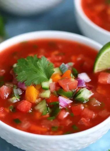 Bowl of easy gazpacho with fresh vegetables and herbs