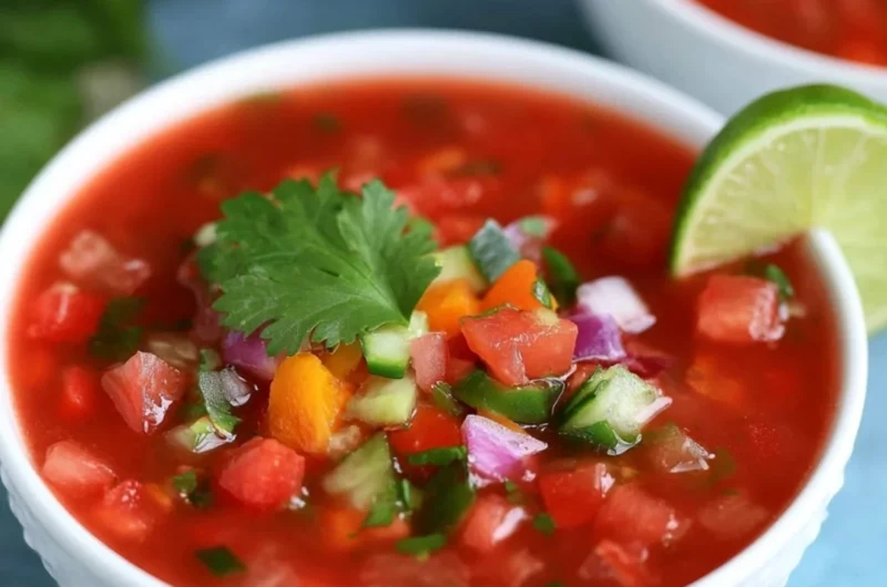 Bowl of easy gazpacho with fresh vegetables and herbs