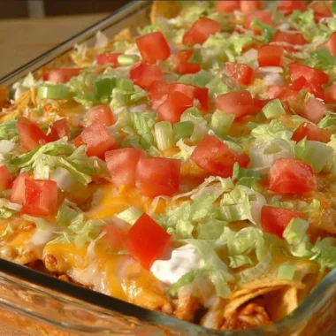 Delicious taco casserole topped with cheese and fresh ingredients.