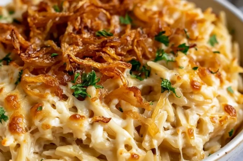 Baked French Onion Orzo topped with melted cheese in a casserole dish