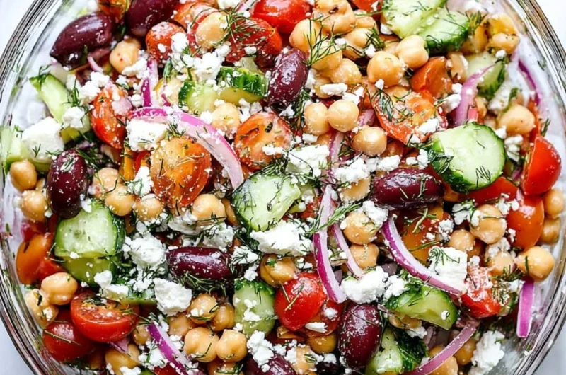 Bowl of Greek Chickpea Salad with fresh vegetables and feta cheese