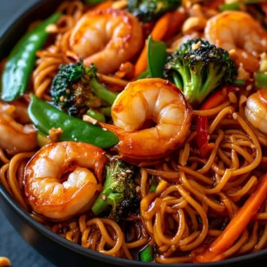 High-protein shrimp stir fry in a skillet with colorful vegetables