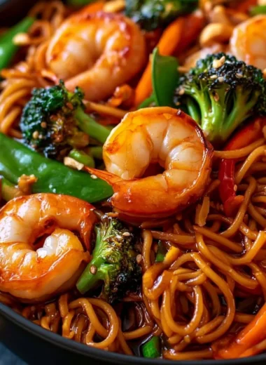 High-protein shrimp stir fry in a skillet with colorful vegetables
