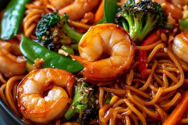 High-protein shrimp stir fry in a skillet with colorful vegetables