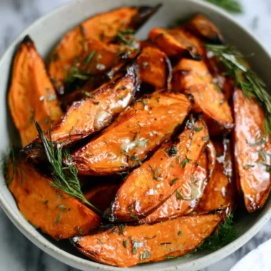 Honey-roasted sweet potato wedges served in a bowl, garnished with herbs