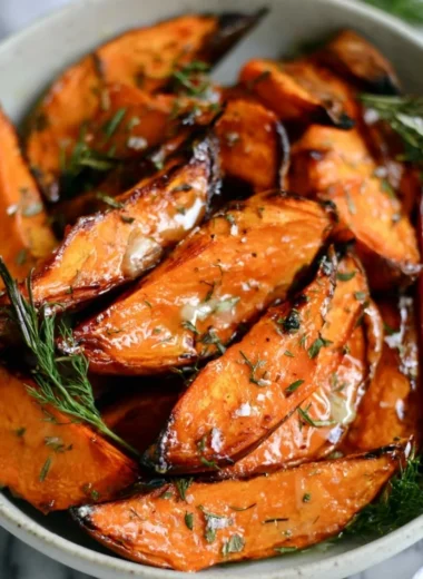 Honey-roasted sweet potato wedges served in a bowl, garnished with herbs
