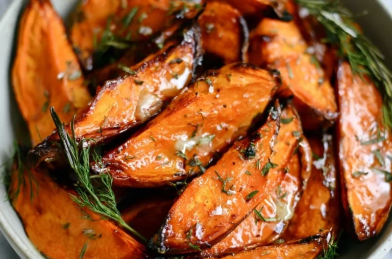 Honey-roasted sweet potato wedges served in a bowl, garnished with herbs