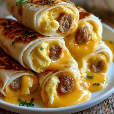 Cheesy sausage egg breakfast roll-ups served on a plate
