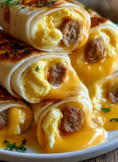 Cheesy sausage egg breakfast roll-ups served on a plate